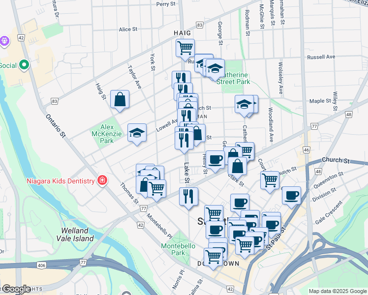 map of restaurants, bars, coffee shops, grocery stores, and more near in St. Catharines