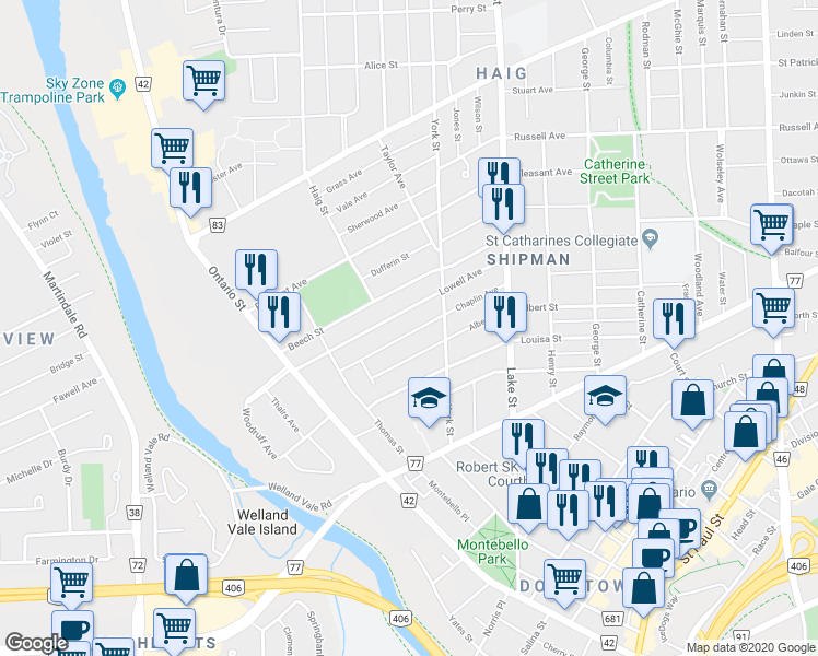 map of restaurants, bars, coffee shops, grocery stores, and more near in St. Catharines