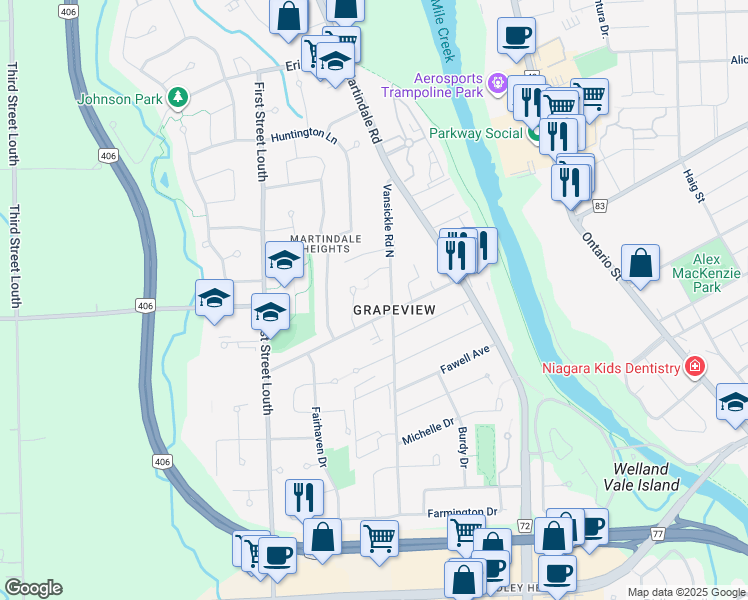 map of restaurants, bars, coffee shops, grocery stores, and more near 44 Grapeview Drive in St. Catharines