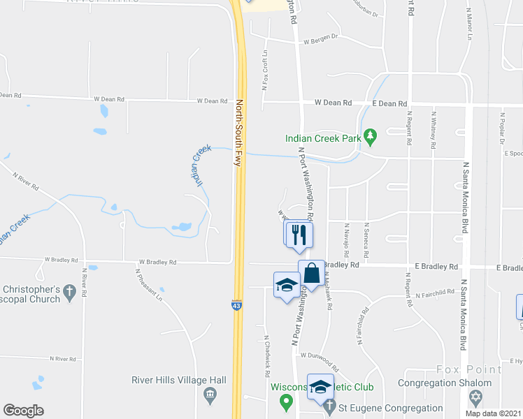 map of restaurants, bars, coffee shops, grocery stores, and more near 500 West Bradley Road in River Hills