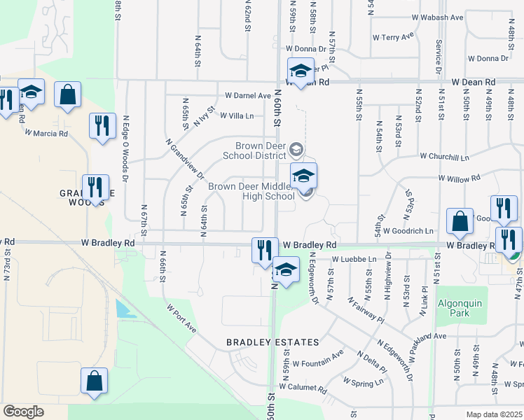 map of restaurants, bars, coffee shops, grocery stores, and more near 8036 North 61st Street in Brown Deer