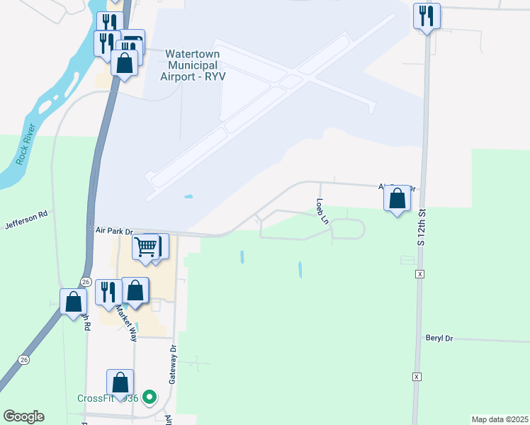 map of restaurants, bars, coffee shops, grocery stores, and more near 205 Air Park Drive in Watertown