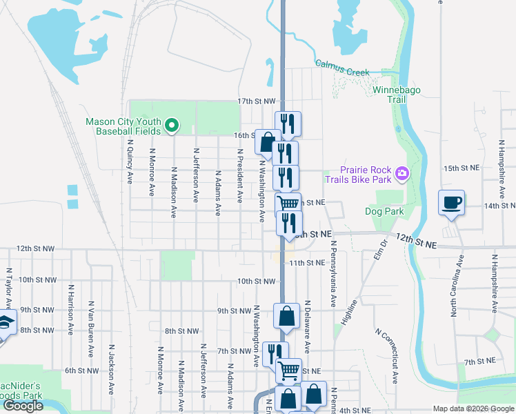 map of restaurants, bars, coffee shops, grocery stores, and more near 1316 N Washington Ave in Mason City