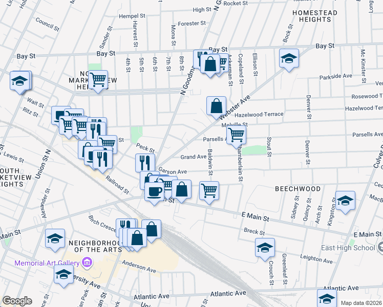 map of restaurants, bars, coffee shops, grocery stores, and more near 274 Garson Avenue in Rochester