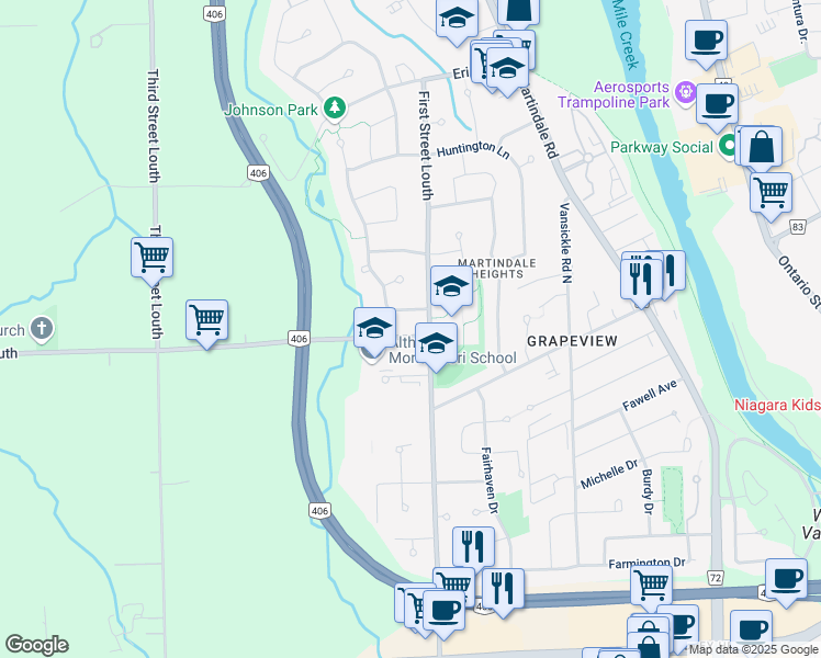 map of restaurants, bars, coffee shops, grocery stores, and more near in St. Catharines