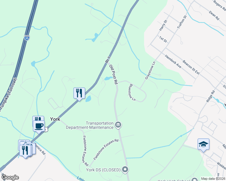 map of restaurants, bars, coffee shops, grocery stores, and more near 39 Old Post Road in York