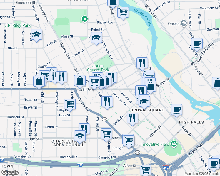 map of restaurants, bars, coffee shops, grocery stores, and more near 170 Saratoga Avenue in Rochester