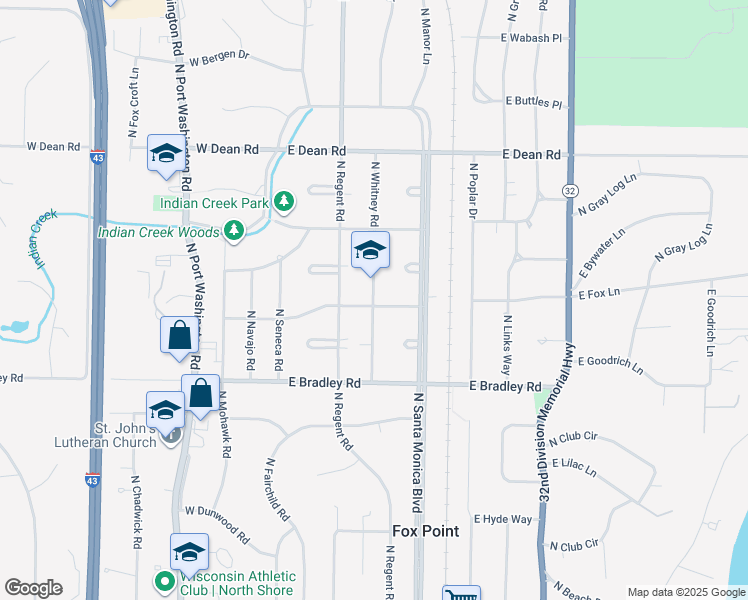 map of restaurants, bars, coffee shops, grocery stores, and more near 8115 N Whitney Rd in Fox Point