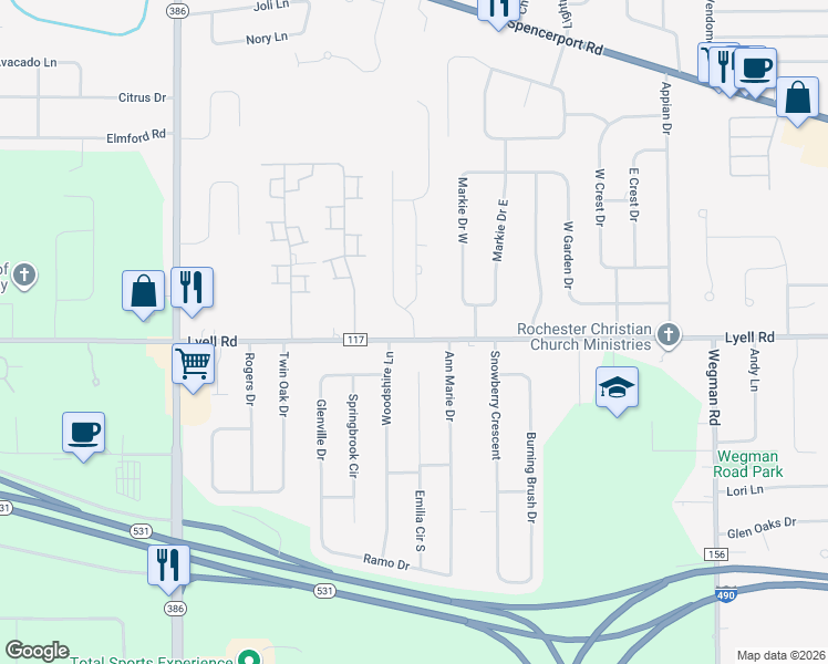 map of restaurants, bars, coffee shops, grocery stores, and more near 8 Hickory Manor Drive in Rochester