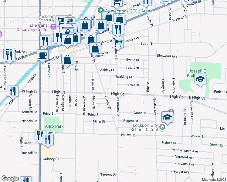 map of restaurants, bars, coffee shops, grocery stores, and more near 185 Locust Street in Lockport