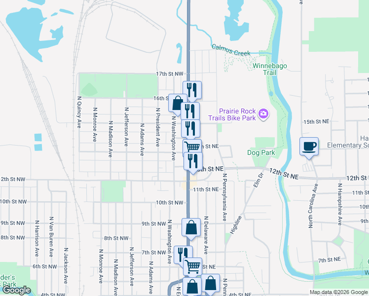 map of restaurants, bars, coffee shops, grocery stores, and more near 1425 North Federal Avenue in Mason City
