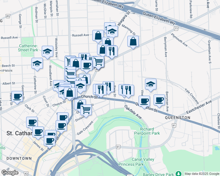 map of restaurants, bars, coffee shops, grocery stores, and more near 19 Page Street in St. Catharines