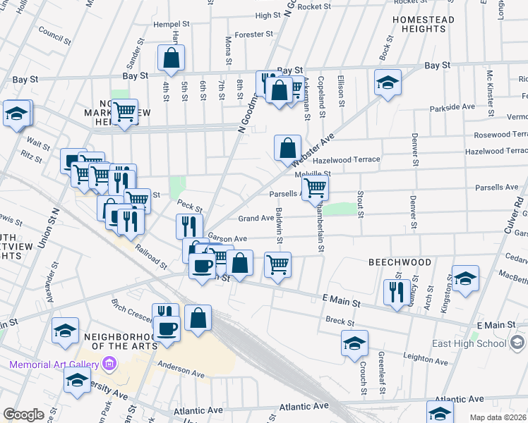 map of restaurants, bars, coffee shops, grocery stores, and more near 29 Parsells Avenue in Rochester