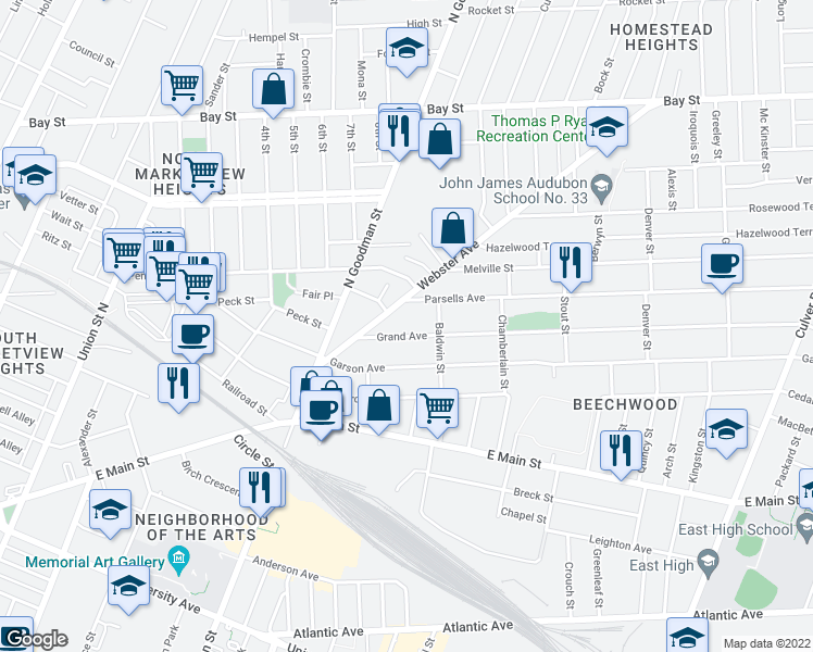 map of restaurants, bars, coffee shops, grocery stores, and more near 29 Parsells Avenue in Rochester