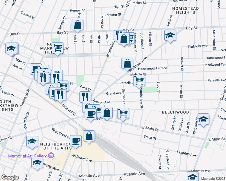 map of restaurants, bars, coffee shops, grocery stores, and more near 133 Webster Avenue in Rochester