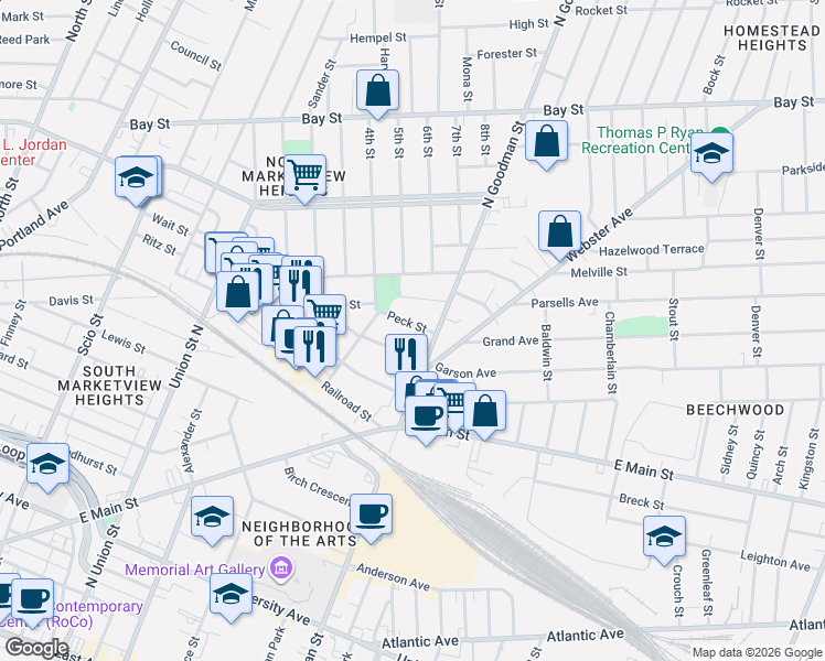 map of restaurants, bars, coffee shops, grocery stores, and more near 41 Fair Place in Rochester