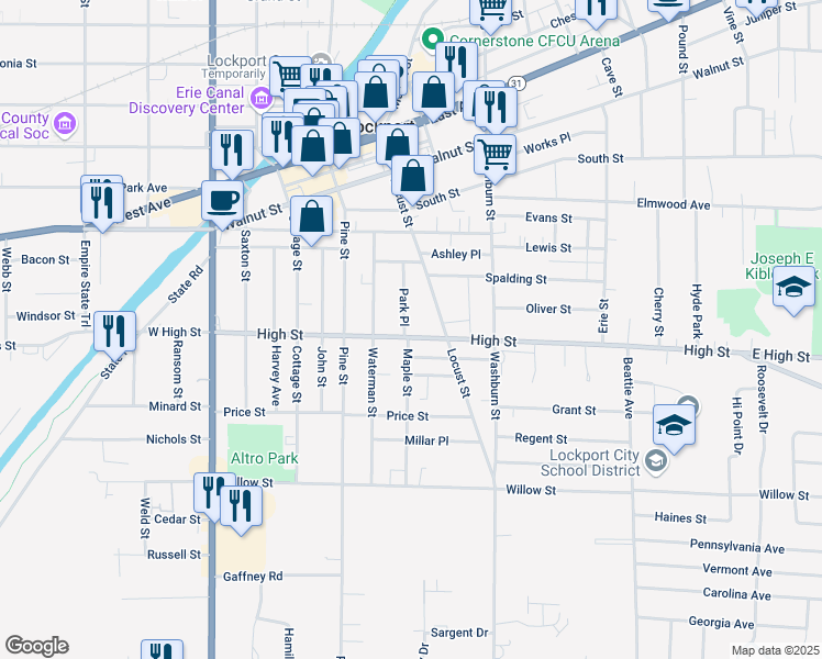 map of restaurants, bars, coffee shops, grocery stores, and more near 178 Locust Street in Lockport