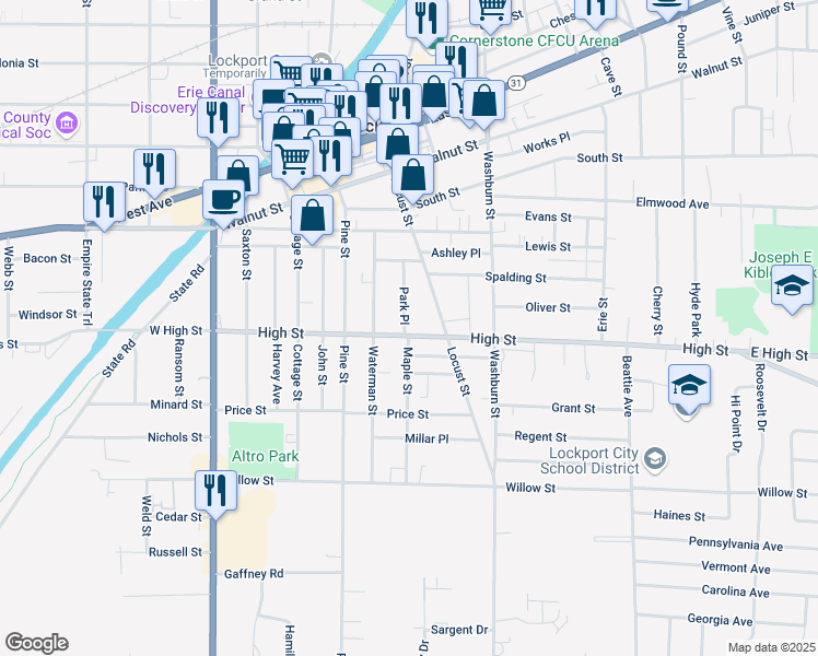 map of restaurants, bars, coffee shops, grocery stores, and more near 178 Locust Street in Lockport