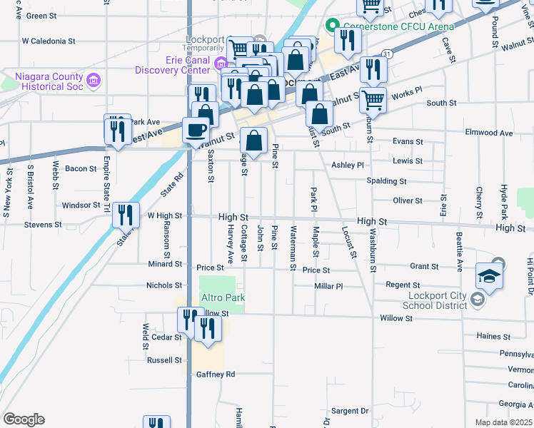 map of restaurants, bars, coffee shops, grocery stores, and more near 178 Pine Street in Lockport
