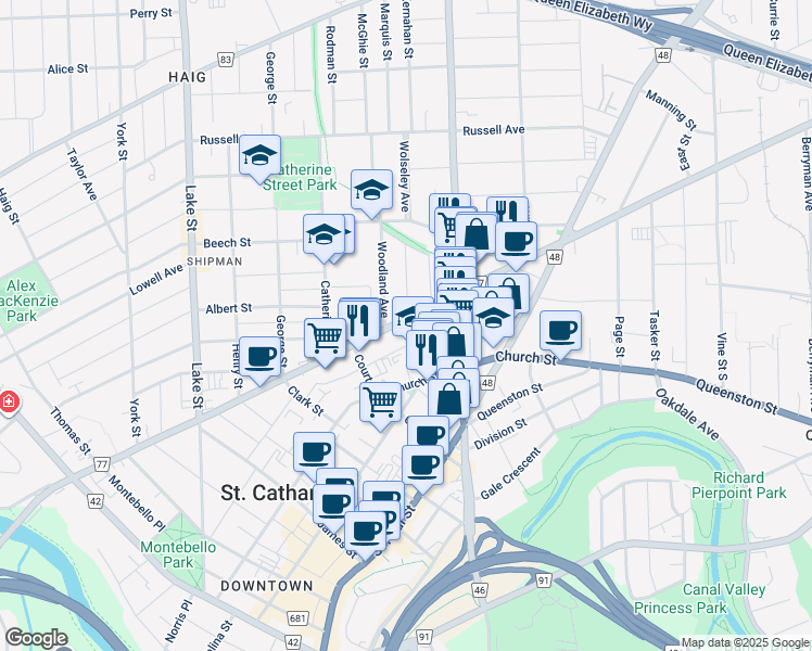 map of restaurants, bars, coffee shops, grocery stores, and more near 165 Welland Avenue in St. Catharines
