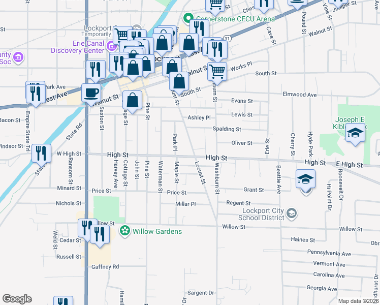 map of restaurants, bars, coffee shops, grocery stores, and more near 210 Locust Street in Lockport