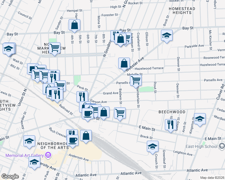 map of restaurants, bars, coffee shops, grocery stores, and more near 29 Parsells Avenue in Rochester