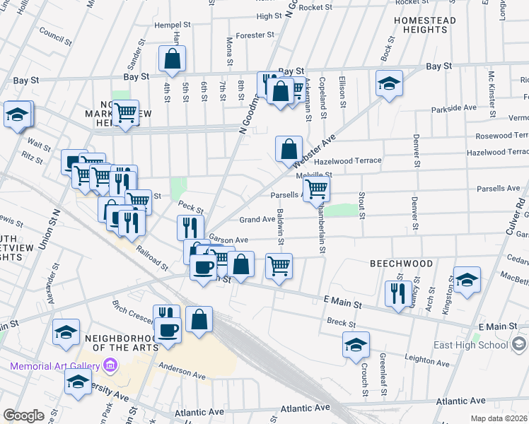 map of restaurants, bars, coffee shops, grocery stores, and more near 29 Parsells Avenue in Rochester