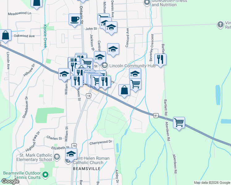 map of restaurants, bars, coffee shops, grocery stores, and more near 4263 East Avenue in Lincoln