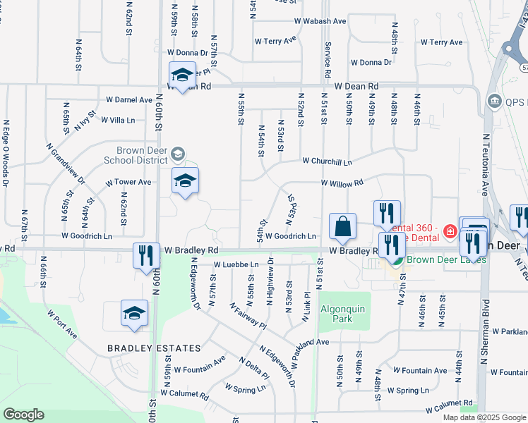 map of restaurants, bars, coffee shops, grocery stores, and more near 8121 North 54th Street in Brown Deer
