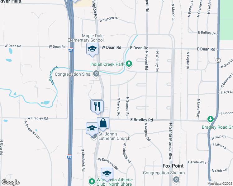 map of restaurants, bars, coffee shops, grocery stores, and more near 8131 North Navajo Road in Fox Point