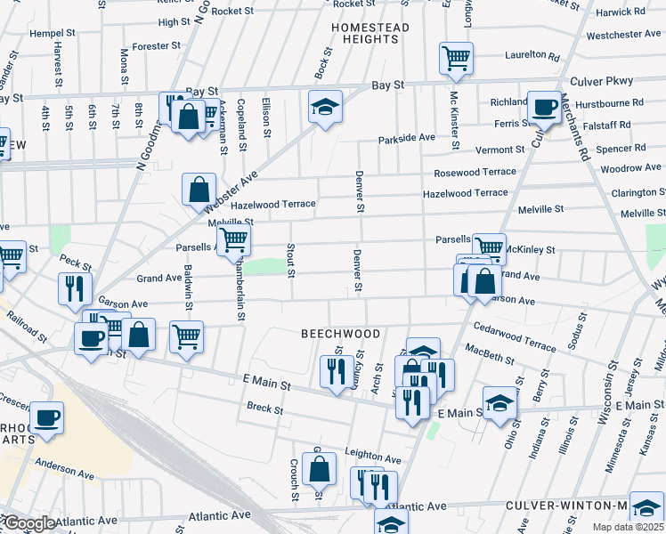 map of restaurants, bars, coffee shops, grocery stores, and more near 285 Parsells Avenue in Rochester