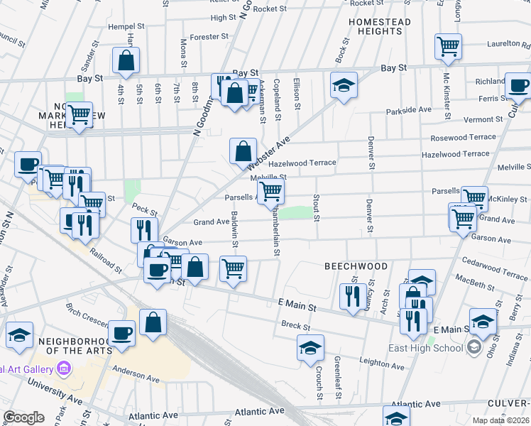 map of restaurants, bars, coffee shops, grocery stores, and more near 131 Parsells Avenue in Rochester