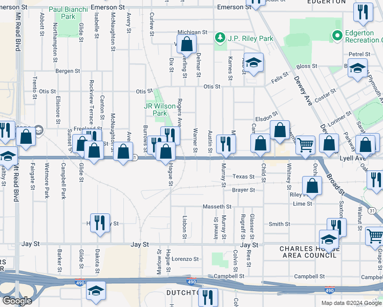 map of restaurants, bars, coffee shops, grocery stores, and more near 32 Warner Street in Rochester