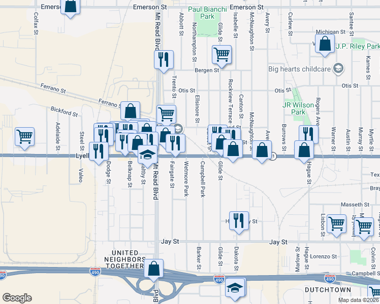 map of restaurants, bars, coffee shops, grocery stores, and more near 286 Wetmore Park in Rochester