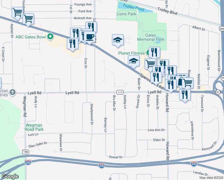 map of restaurants, bars, coffee shops, grocery stores, and more near 3 Foxshire Lane in Rochester