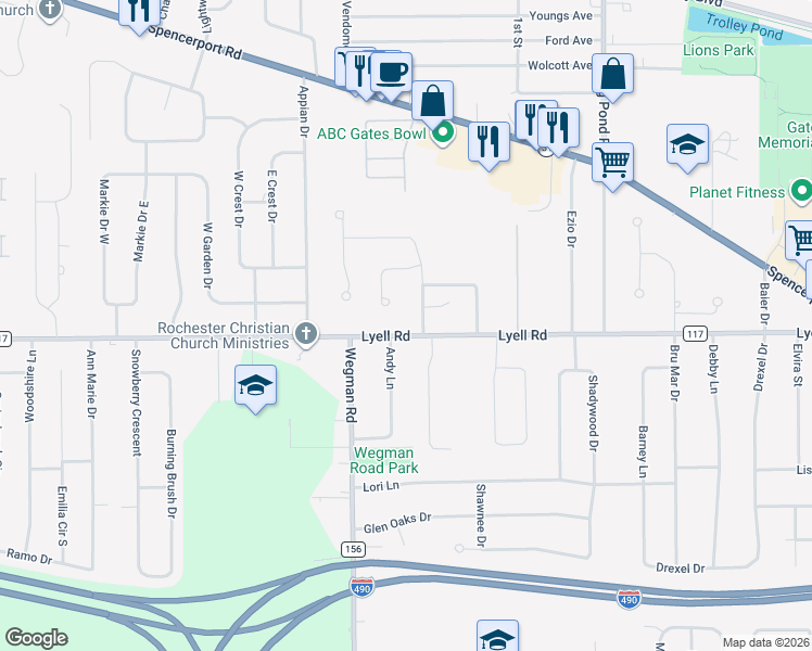 map of restaurants, bars, coffee shops, grocery stores, and more near 119 Rahway Road in Rochester