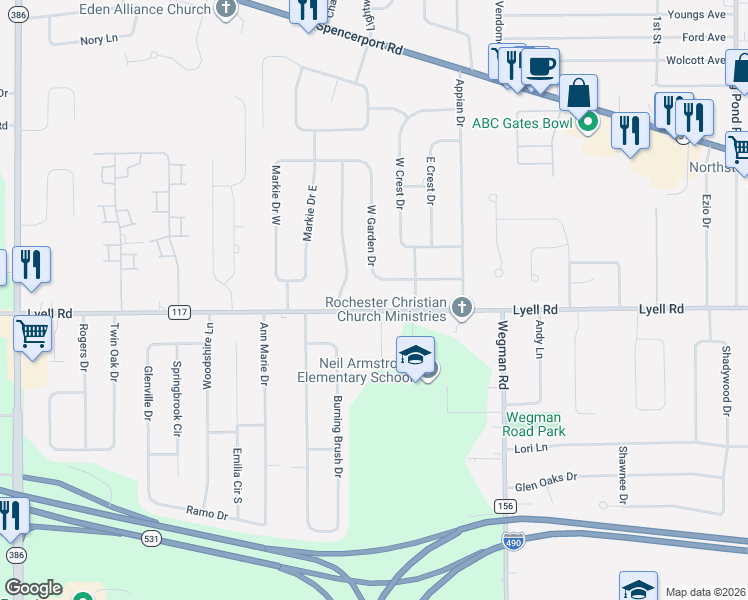 map of restaurants, bars, coffee shops, grocery stores, and more near 35 West Garden Drive in Rochester