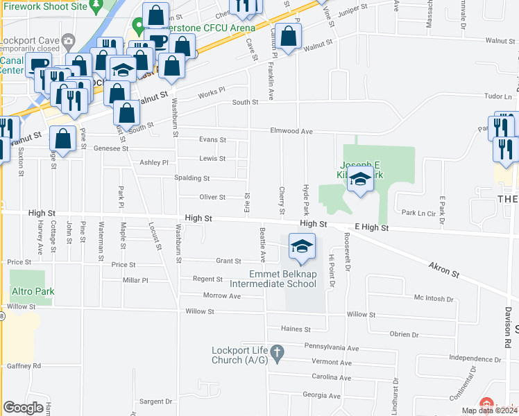map of restaurants, bars, coffee shops, grocery stores, and more near 208 Erie Street in Lockport