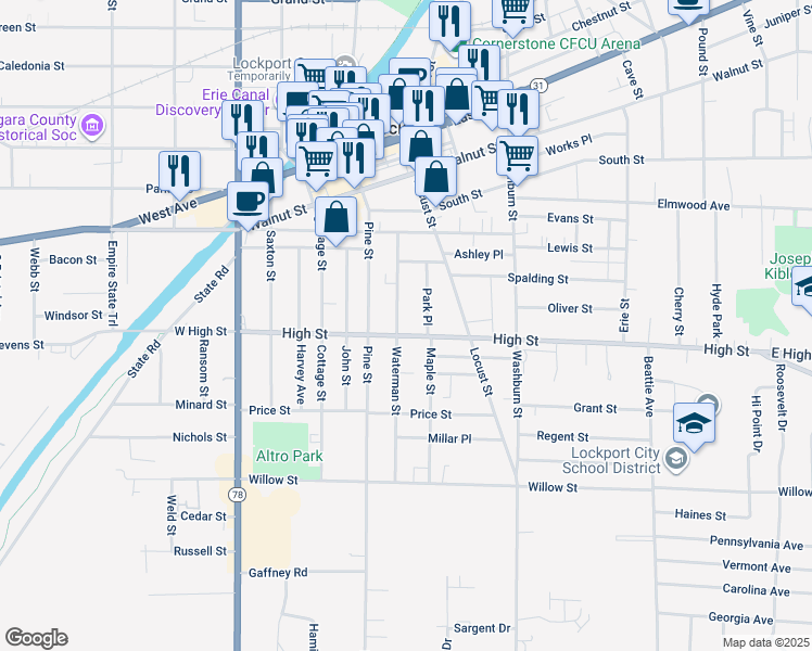 map of restaurants, bars, coffee shops, grocery stores, and more near 67 Waterman Street in Lockport