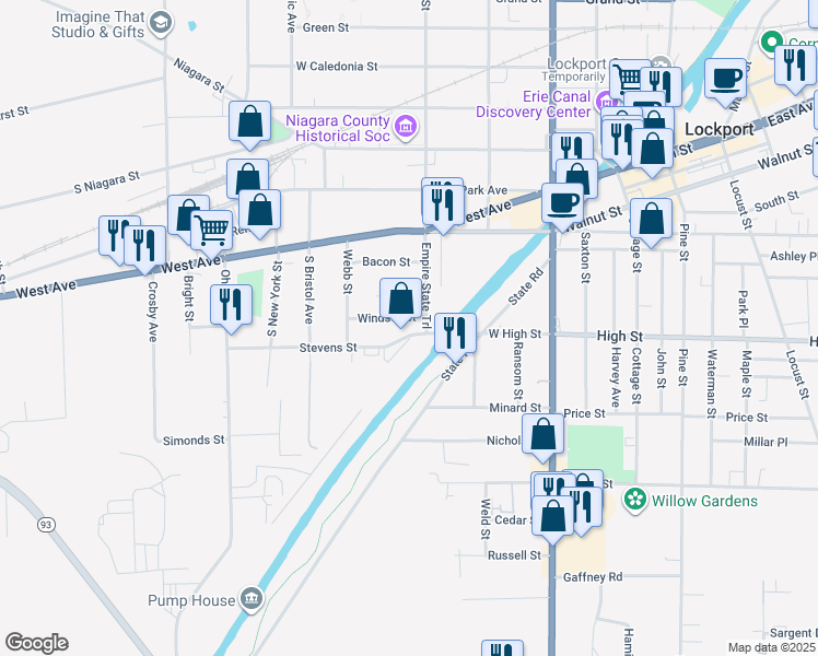 map of restaurants, bars, coffee shops, grocery stores, and more near in Lockport