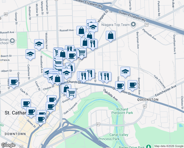 map of restaurants, bars, coffee shops, grocery stores, and more near 34 Davidson Street in St. Catharines