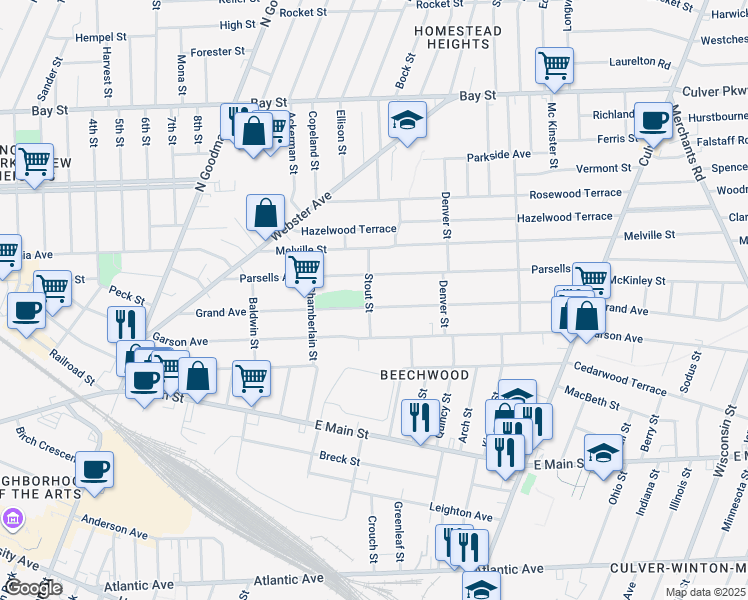 map of restaurants, bars, coffee shops, grocery stores, and more near 237 Parsells Avenue in Rochester