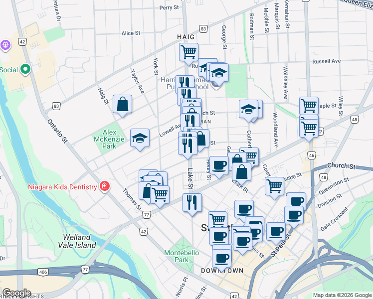 map of restaurants, bars, coffee shops, grocery stores, and more near 111 Lake Street in St. Catharines