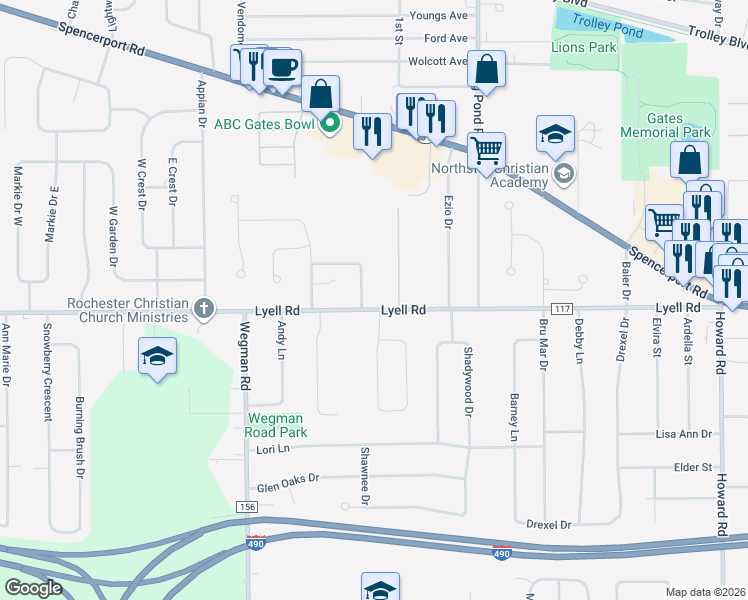 map of restaurants, bars, coffee shops, grocery stores, and more near 7 Ezio Drive in Rochester