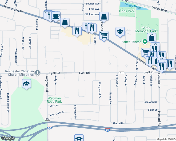 map of restaurants, bars, coffee shops, grocery stores, and more near 70 Lechase Drive in Gates-North Gates