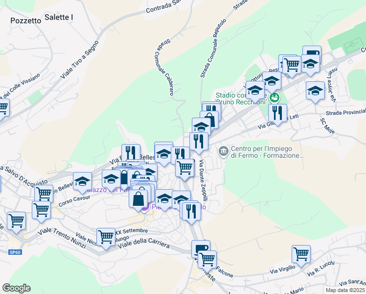map of restaurants, bars, coffee shops, grocery stores, and more near Via Morale da Fermo in Fermo