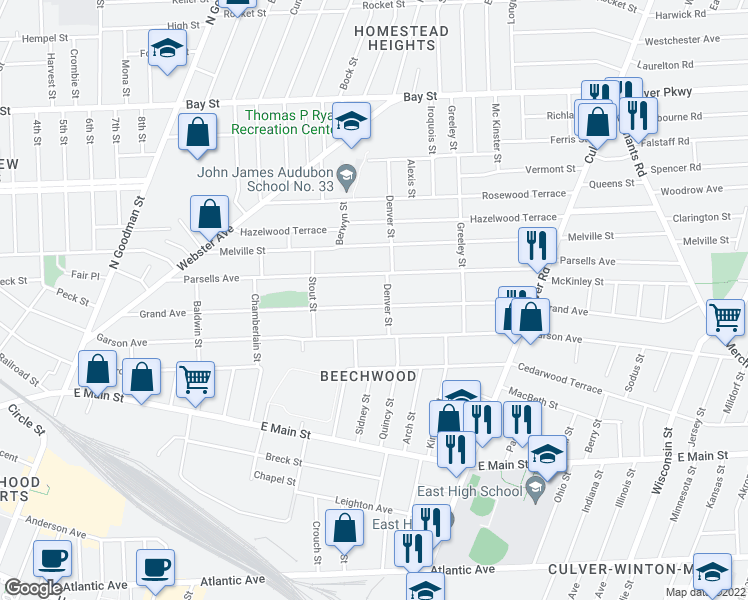 map of restaurants, bars, coffee shops, grocery stores, and more near 390 Grand Avenue in Rochester