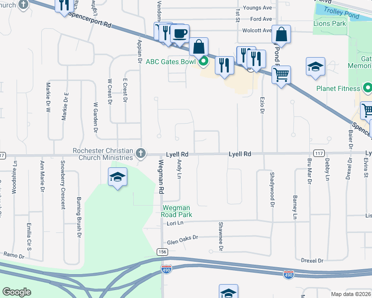 map of restaurants, bars, coffee shops, grocery stores, and more near 119 Rahway Road in Rochester