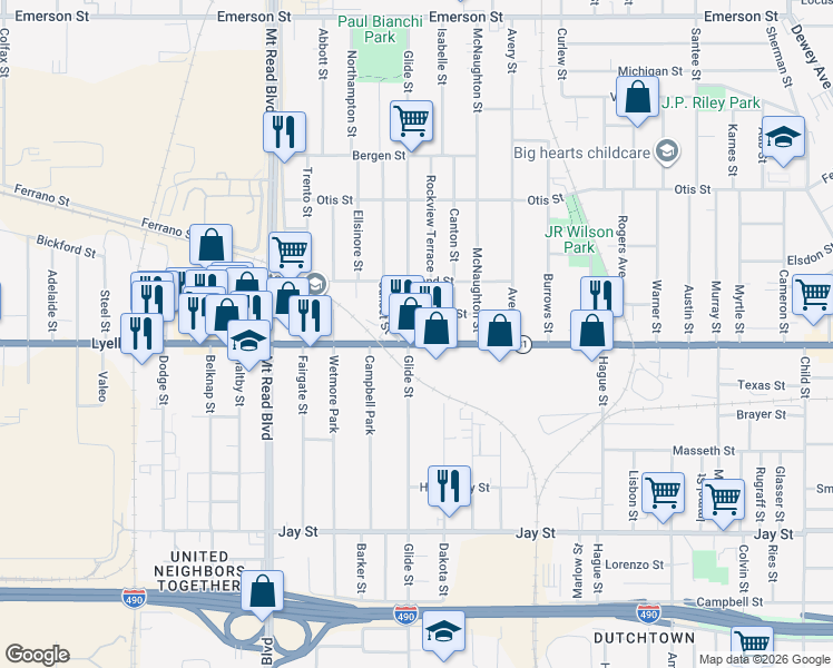 map of restaurants, bars, coffee shops, grocery stores, and more near 15 Rockview Terrace in Rochester