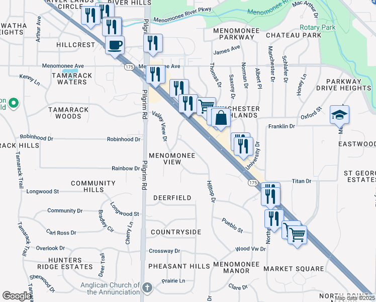 map of restaurants, bars, coffee shops, grocery stores, and more near N81 W15299 Hilltop Drive in Menomonee Falls